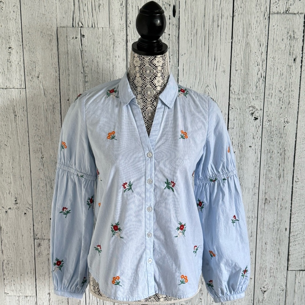 EDC Striped Bohemian Button Down with Floral Embroidery, Sz XS